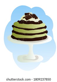 postcard with a picture of a cake on a stand. Cartoon drawing. Hand drawn