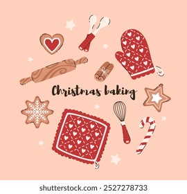 Postcard with a picture of Christmas baking. Gingerbread cookies, spoons, potholder, lollipop. Flat vector illustration.