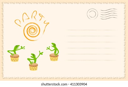 A postcard with a picture of lizards with bongo drums and the inscription Party in vintage style. Under the inscription stylized yellow sun. Empty postal stamp. 