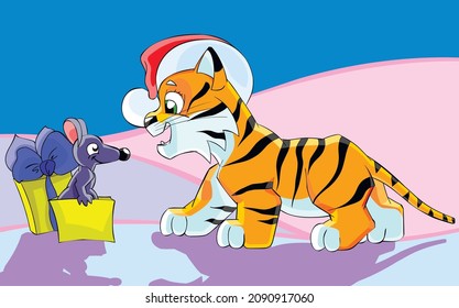 A postcard with a picture of a tiger and a surprise mouse