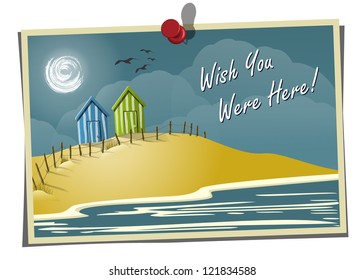 Postcard with pin of a beach scene.