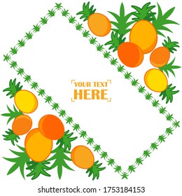 Postal con piñas y hojas. Texto en postal. Ilustración vectorial para diseño web o impresión.