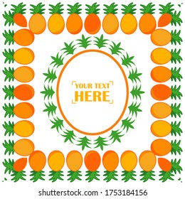 Postcard with pineapples and leaves. Text on postcard. Vector illustration for web design or print.