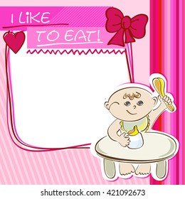 Postcard with a pink background, a small child eats at the table