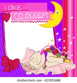 Postcard with pink background, a small child sleeps