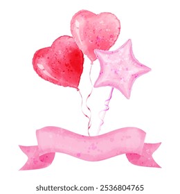 Postcard with pink balloons and ribbon banner for invitations, congratulations, birthday, baby shower. Copy space