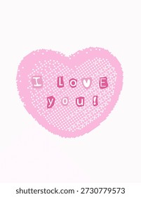 Postkarte mit rosafarbenem Herz, mit Bitmap-Effekt, "Ich liebe dich!". Nettes Design im Collage-Stil mit Bitmap-Effekt, zum Valentinstag, Liebesplakate, Prints, Social-Media-Grafiken und romantisches Branding. Einzeln auf weißem Hintergrund.