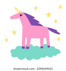 Postcard. Pink unicorn flying on cloud isolated on white background. Vector children's naive hand-drawn illustration
