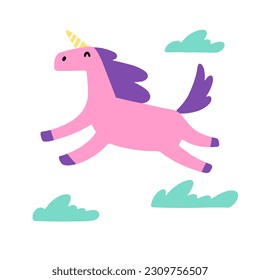 Postcard. Pink unicorn flying on cloud isolated on white background. Vector children's naive hand-drawn illustration