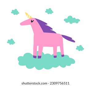 Postcard. Pink unicorn flying on cloud isolated on white background. Vector children's naive hand-drawn illustration