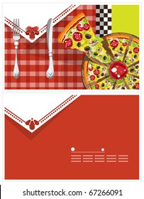 Postcard with a pizza and cutlery. two sides