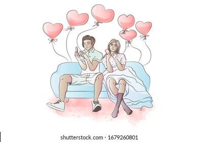 Postcard with place for text and merry couple sitting on couch with heart shape balloons . boyfriend send sms message 