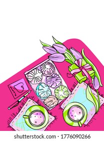 A postcard with a place to write.Graphic drawing of a table in a cafe, cups.Image of sweets and a bouquet of tulips.A gift for your beloved.Pink, green color vector image.