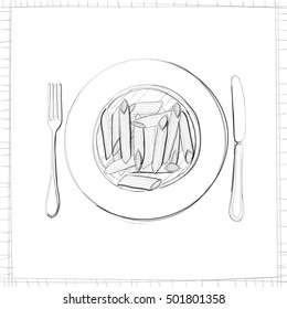 Postcard, a plate with pasta. Stylized drawing of a pen. Maybe part of the corporate identity associated with food.