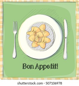 Postcard, a plate with pasta. Stylized drawing of a pen. Maybe part of the corporate identity associated with food.