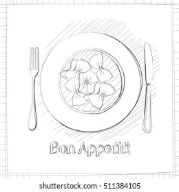 Postcard, a plate with pasta. Stylized drawing of a pen. Maybe part of the corporate identity associated with food.