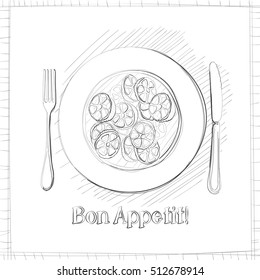 Postcard, a plate with pasta. Stylized drawing of a pen. Maybe part of the corporate identity associated with food.