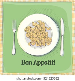 Postcard, a plate with pasta. Stylized drawing of a pen. Maybe part of the corporate identity associated with food.