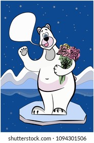 Postcard with a polar bear on an ice floe and a bouquet of flowers