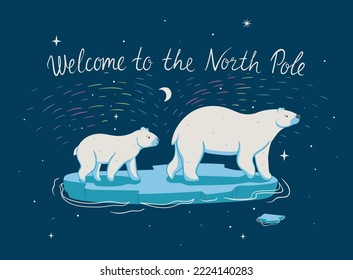 Postcard with polar bears and northern lights. Vector graphics.