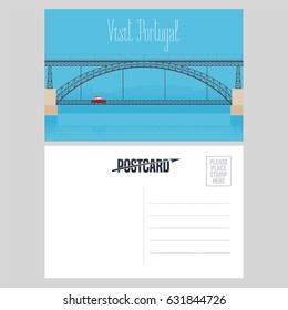 Postcard from Portugal with Porto bridge over Douro river vector illustration. Portuguese landmark design element in template card with post stamp