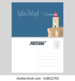 Postcard from Portugal vector illustration with lighthouse on Atlantic shore. Portuguese architecture design element in template double sided card with post stamp
