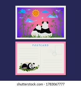 Postcard with postage stamp and seal. Pandas watch the sunset. Vector illustration