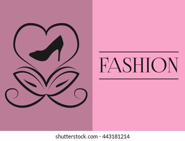 Postcard, poster. Abstract flower bud in a heart shape, silhouette shoes with heels. Text the word fashion. Black picture, purple, pink background.