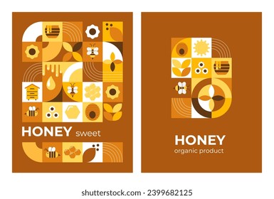 Postcard, poster with bees, honey, honeycombs, hive, flowers. Modern abstract background. Bauhaus style style. Vector illustration of geometric shapes.