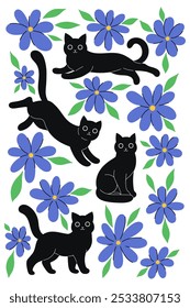 Cartaz ou cartaz com gatos pretos e flores azuis. Gráficos vetoriais.