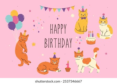 Postkarte oder Poster mit Katzen, die Geburtstag feiern, in Mützen. Vektorgrafiken.