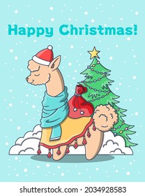 Postcard, poster for Christmas. Merry Christmas. Llama with a bag of gifts at the holiday tree. Winter, cute doodle style. Vector.