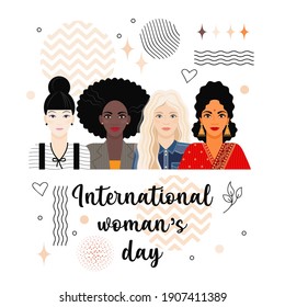 postcard, poster, cover for the International Women's Day with the inscription. four portraits of girls of different nationalities and skin colors are drawn in a flat cartoon style. stock vector. EPS.