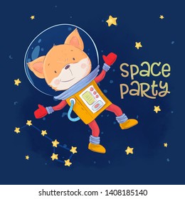 Postcard poster of cute astronaut fox in space with constellations and stars in cartoon style. Hand drawing.