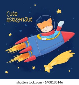 Postcard poster of cute astronaut fox in space with constellations and stars in cartoon style. Hand drawing.