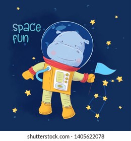 Postcard poster of cute astronaut hippopotamus in space with constellations and stars in cartoon style. Hand drawing.