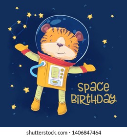 Postcard poster of cute astronaut tiger in space with constellations and stars in cartoon style. Hand drawing.