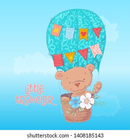 Postcard poster of a cute bear in a balloon with flowers in cartoon style. Hand drawing.