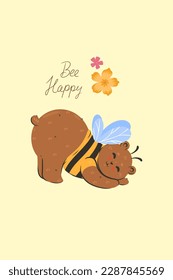 Postcard or poster with a cute bee bear. Vector graphics.