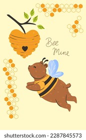 Postcard or poster with a cute bee bear. Vector graphics.
