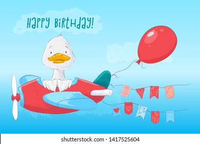 Postcard poster cute duck on the plane and flowers in cartoon style.