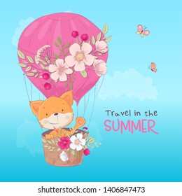 Postcard poster of a cute fox in a balloon with flowers in cartoon style. Hand drawing.