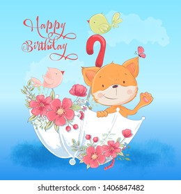 Postcard poster cute fox and a bird in an umbrella with flowers in cartoon style. Hand drawing.