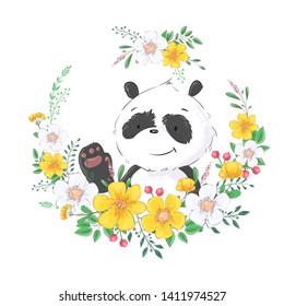 Postcard poster cute little panda in a wreath of flowers. Hand drawing. Vector