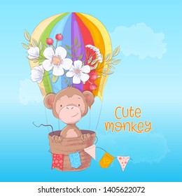 Postcard poster of a cute monkey in a balloon with flowers in cartoon style. Hand drawing.
