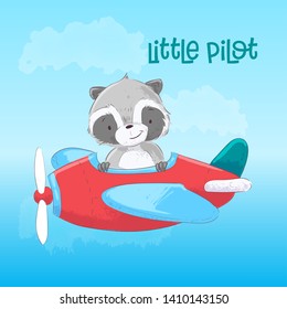 Postcard poster cute raccoon on the plane in cartoon style. Hand drawing.