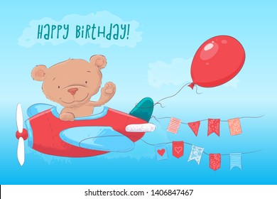 Postcard poster cute teddy bear on the plane in cartoon style. Hand drawing.