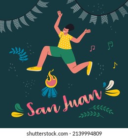 Postcard or poster design for the celebration of Saint Juan. Text in Spanish San Juan. A man jumps over a bonfire and decorative streamers of flags. Vector
