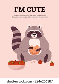 Postcard or poster design with cute eating raccoon character or mascot, flat cartoon vector illustration. Banner or card mockup with adorable raccoon eats cookies.