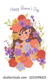 Postcard or poster for the eighth of March with a girl and flowers. Vector graphics.